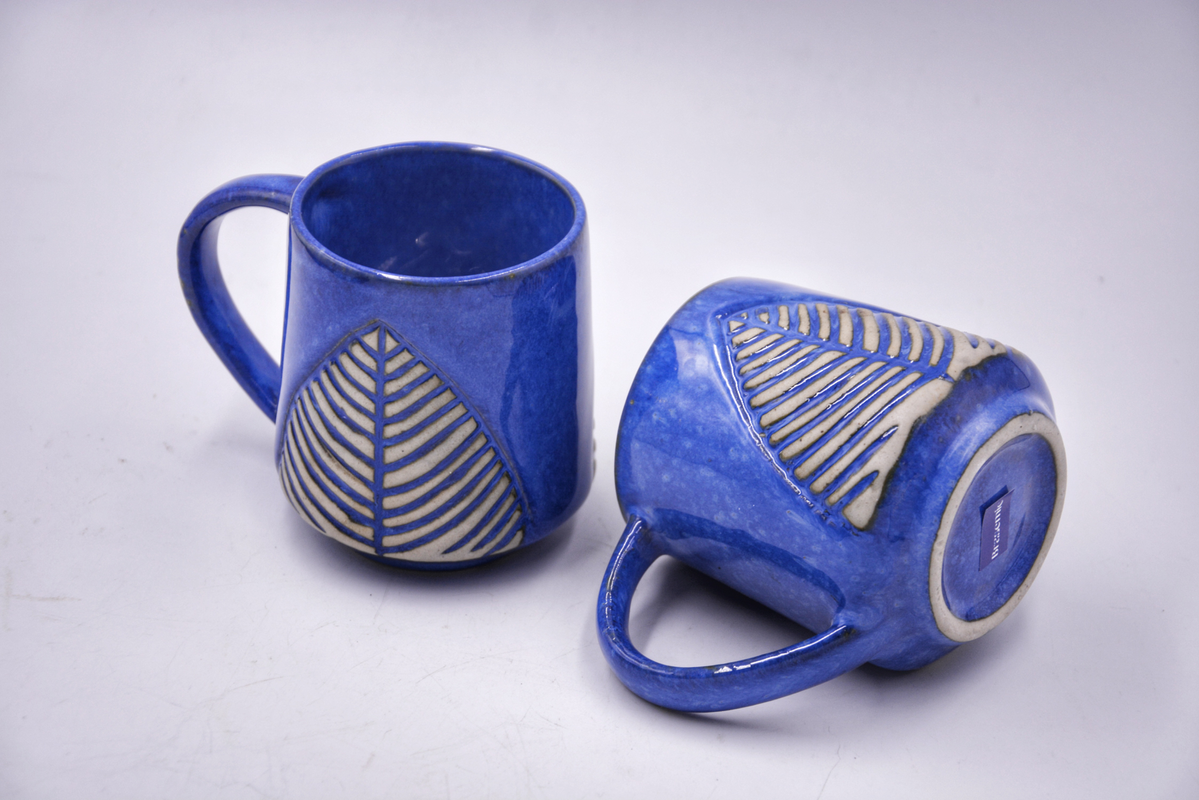 Handmade Studio Stoneware Ceramic Blue Leaf Mug