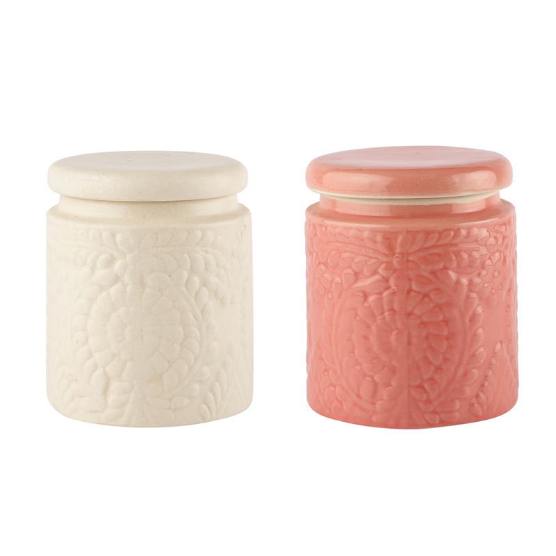 The Decor Lane Ceramic Handcrafted Handpainted Multi Utility Storage Jar with Lid 1000 ml | Ceramic Kitchen Canister | Cookie Jar | Pickle Storage Jar | Burni ( Pack of 2