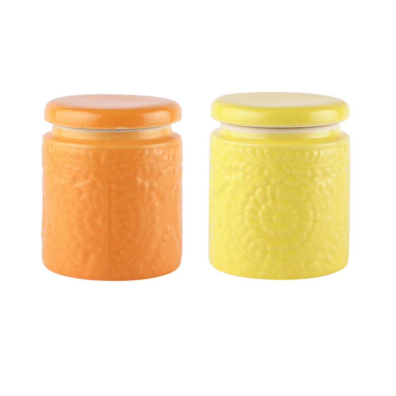 The Decor Lane Ceramic Handcrafted Handpainted Multi Utility Storage Jar with Lid 1000 ml | Ceramic Kitchen Canister | Cookie Jar | Pickle Storage Jar | Burni ( Pack of 2